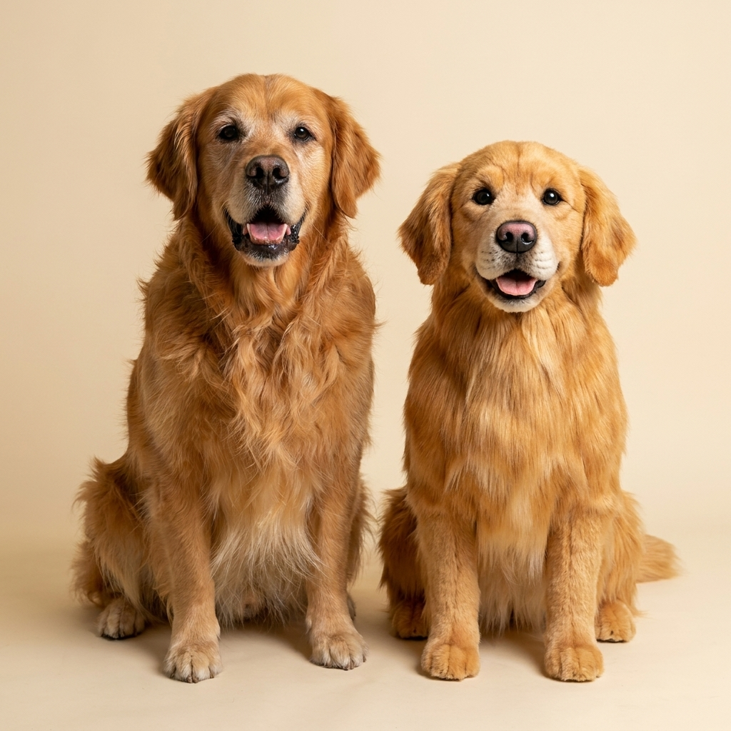 Charlie the real golden retriever sitting beside his lifelike Twinnie twin