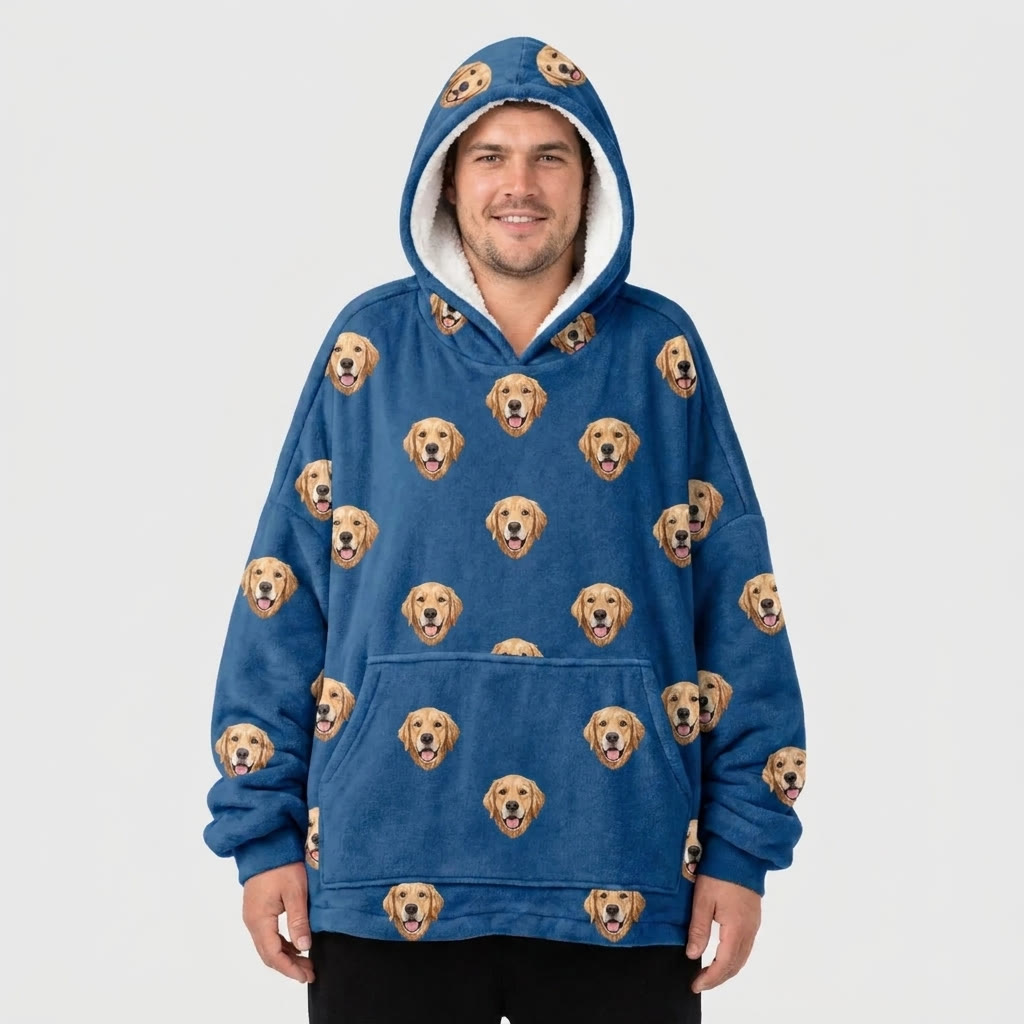 The Furdie in deep blue with an all-over pet face monogram print, worn by a model
